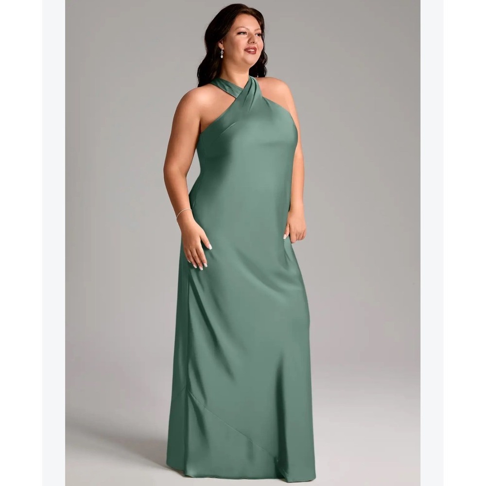 Azazie Doretta Eucalyptus Green Stretch Satin Halter Mermaid Maxi Dress Size A16